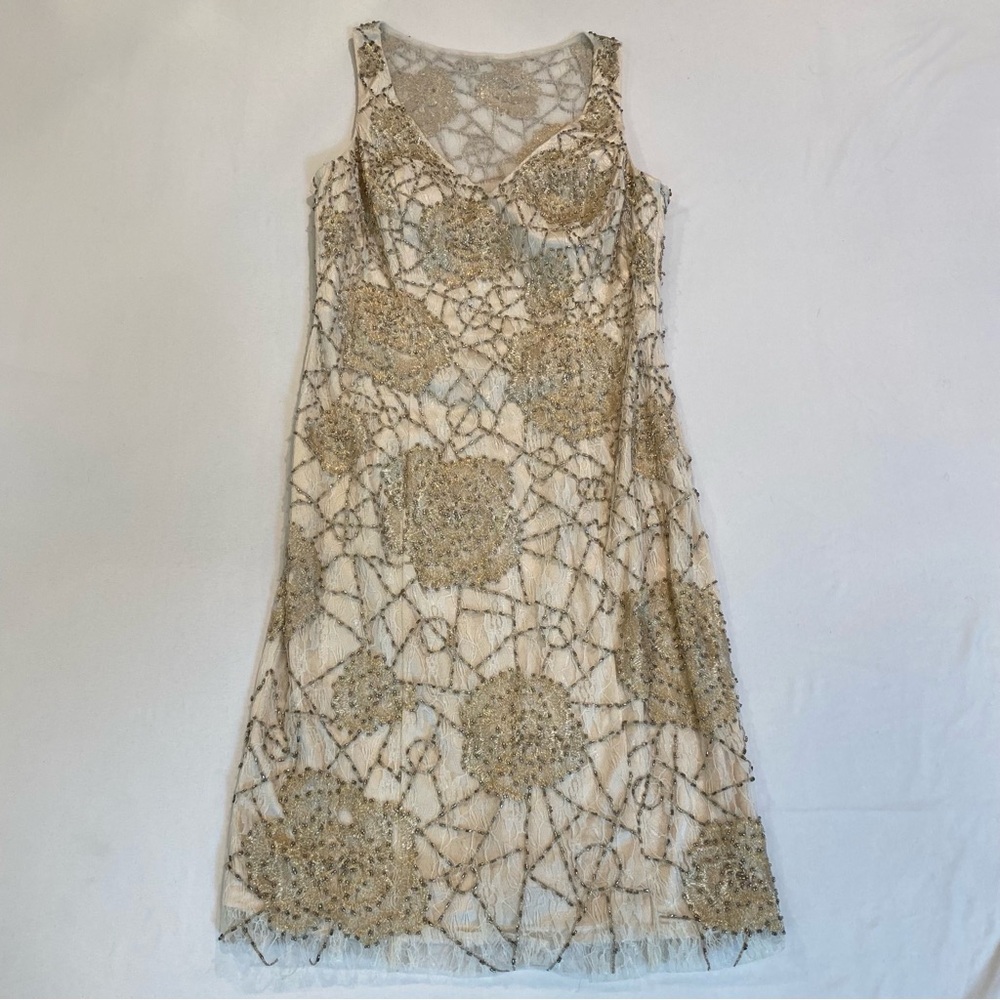 NWT Sue Wong Elegant Cream and Gold Beaded Embellished Midi Dress, Size Small